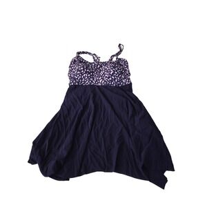 Daci Womens Navy Blue White Print Swimdress 2 Piece Swimsuit Set with Boy Shorts